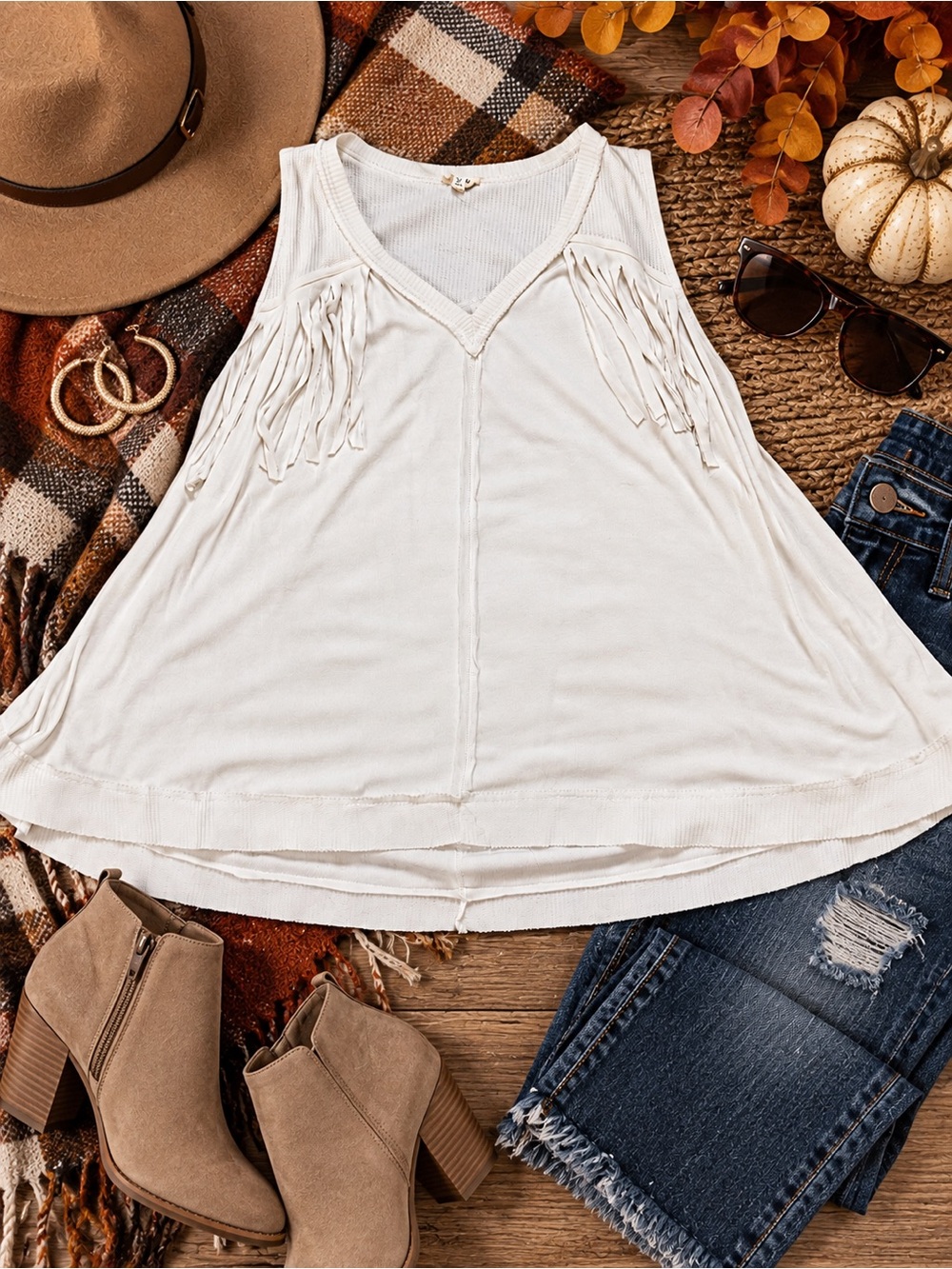 POL Ivory Fringe Sleeveless Boho Tunic Tank Top Women's M